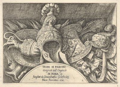 Plate 5: trofeer av romerske våpen fra dekorasjoner over vinduene i andre etasje i ..., 1658. av Giovanni Battista Galestruzzi