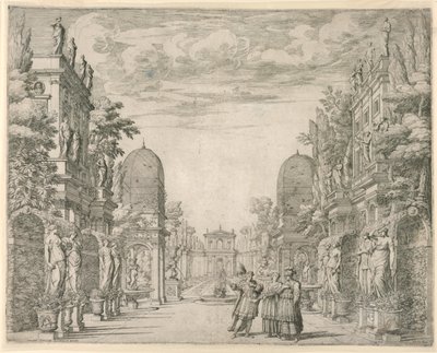 Scenedesign for scene 3, "La Vita Humana overo," fra "Il Trionfo della Pieta" av Giovanni Battista Galestruzzi