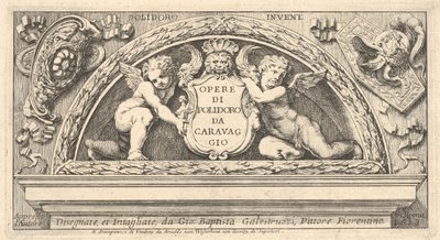 Tittelplate til serie med trykk etter Poloidoro, tittel på et skjold støttet av to putti, 1658. av Giovanni Battista Galestruzzi