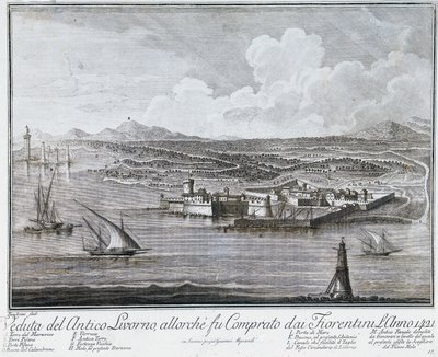 Utsikt over Livorno havn da den ble kjøpt av florentinere i 1421, gravering fra samling av beste utsikt over byen og havnen i Livorno av Giovanni Battista Guerazzi