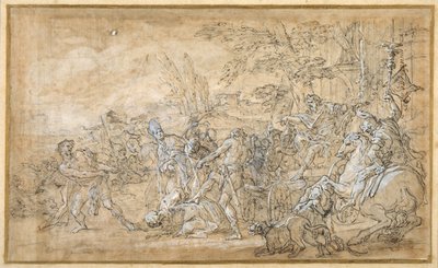 Fanger, inkludert en biskop, dratt og bundet foran triumfbilen til en romersk general (penn og brunt blekk, penn forsterket med hvit kroppsfarge, over innledende kamper i svart kritt på krempapir) av Giovanni Battista Lenardi
