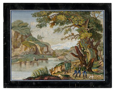 Et italiensk mikromosaikkbilde av en skytefest i et elvelandskap av Giovanni Battista Luchini