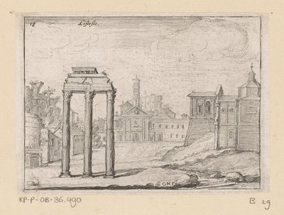Utsikt over Forum Romanum i Roma Listesso (tittel på objekt) Utsikt over Roma (serietittel) Alcune vedute et prospettive di luoghi dishabitati di Roma (serietittel) av Giovanni Battista Mercati