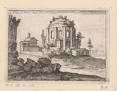 Resten van de Tempel van Minerva Medica i et landskap Temple of Minerva Medica di la da S.ta Bibiana (tittel på objekt) Gezichten op Roma (serietittel) Noen utsikter og perspektiver av ubebodde steder i Roma (serietittel) av Giovanni Battista Mercati