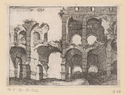 Rester av Colosseum i Roma Listesso (tittel på objekt) Utsikt over Roma (serietittel) Alcune vedute et prospettive di luoghi dishabitati di Roma (serietittel) av Giovanni Battista Mercati