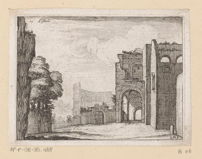 Ruiner ved Colosseum i Roma Listesso (tittel på objekt) Utsikt over Roma (serietittel) Alcune vedute et prospettive di luoghi dishabitati di Roma (serietittel) av Giovanni Battista Mercati