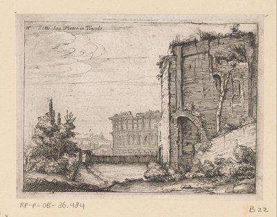 Ruinene av gammel bygning og Colosseum i Roma Sotto San Pietro in Vincolo (tittel på objekt) Utsikt over Roma (serietittel) Alcune vedute et prospettive di luoghi dishabitati di Roma (serietittel) av Giovanni Battista Mercati