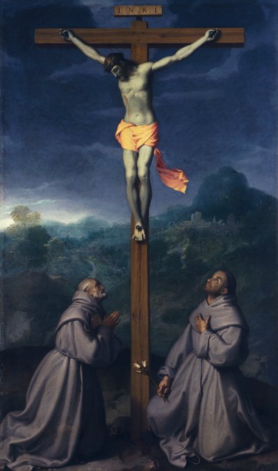 Korsfestelse med de hellige Bernardino og Antonius av Padua, av Giovanni Battista Moroni (1525 ca- 1578), olje på lerret, 226x133 cm, San Giuliano-kirken, Albino av Giovanni Battista Moroni