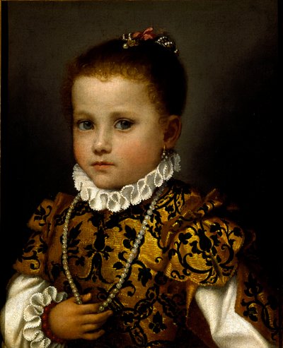 Portrett av en liten jente En liten jente rikt kledd i en brokadekjole, hun bærer et perlekjede og en jordbærkrage. Maleri av Giovan Battista Moroni (cirka 1529-1578) av Giovanni Battista Moroni