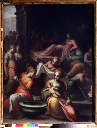 Fødselen til døperen Johannes (The Nativity of John the Baptist). Maleri av Giovanni Battista Naldini (1537-1591). Olje på lerret. Sol: 89x74cm. Florentinsk manerisme kunst. Pushkin-museet, Moskva. av Giovanni Battista Naldini