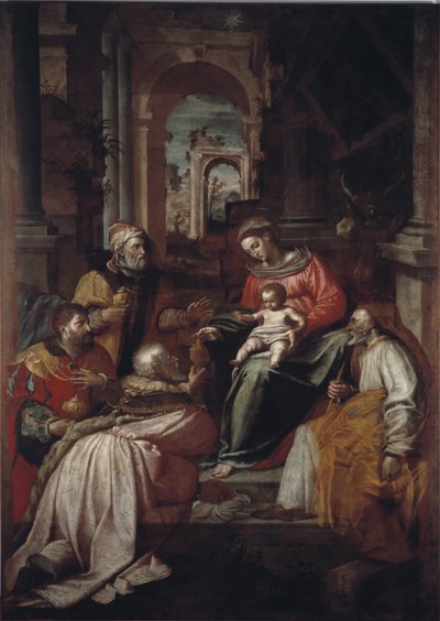 Tilbedelse av magi-maleriet av Giovanni Battista Perolli (1500-tallet) 1567 Genes, Museo Diocesano av Giovanni Battista Perolli
