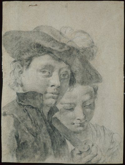 En ung gutt med en plymet hatt, og en ung jente av Giovanni Battista Piazzetta
