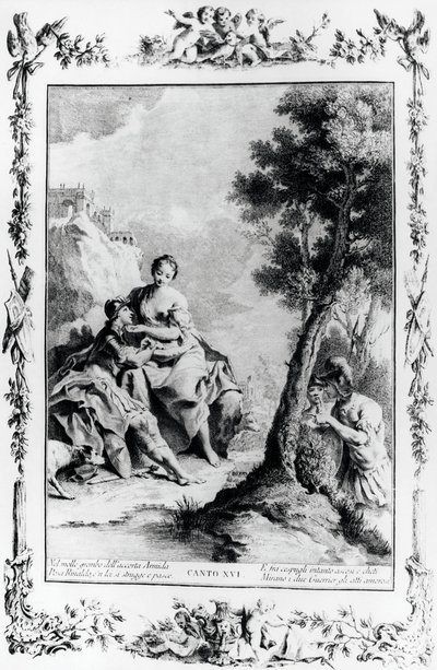 Armida og Rinaldo sett av korsfarerne Carlo og Ubaldo, canto XVI, Jerusalem levert av Giovanni Battista Piazzetta
