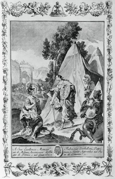 Crusaders at Siege of Jerusalem, gravering, av Giovanni Battista Piazzetta (1683-1754) for Canto III of Jerusalem Delivered, av Torquato Tasso (1544-1595), utgitt av Giovanni Battista Albrizzi, Venezia, Italia av Giovanni Battista Piazzetta