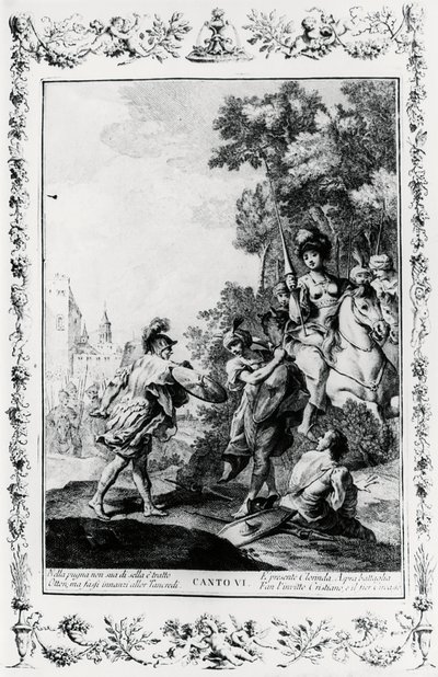 Duell mellom Ottone og Tancredi i nærvær av Clorinda, canto VI, Jerusalem levert av Giovanni Battista Piazzetta