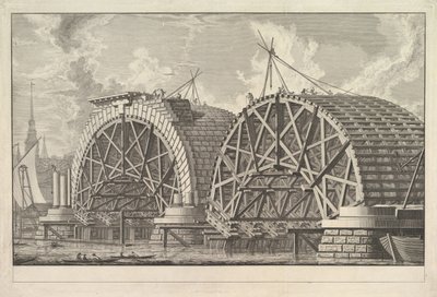 En visning av en del av den tiltenkte broen ved Blackfriars, London, ca. 1764. av Giovanni Battista Piranesi