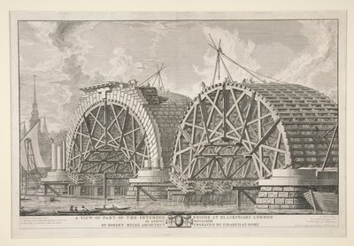 En utsikt over en del av den tiltenkte broen ved Blackfriars, London, i august MDCCLXIII av Robert Mylne, arkitekt, gravert av Piranesi i Roma av Giovanni Battista Piranesi