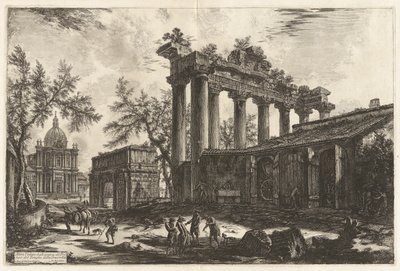 Altra Veduta degli avanzi del Pronao del Tempio del Concordia (En annen utsikt over restene av Pronaos av Temple of Concord [Saturn-tempelet med Septimius Severus-buen i venstre bakgrunn]), fra Vedute di Roma (Utsikt over Roma) av Giovanni Battista Piranesi