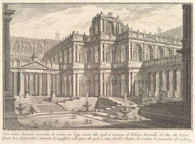 Gammelt romersk forum omgitt av portikoer, med loggiaer, hvorav noen kommuniserer med..., ca. 1750. av Giovanni Battista Piranesi