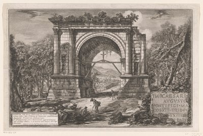 Boog van Augustus te Aosta Utsikt over buen bygget til ære for Augustus nær byen Aosta i Piemonte, tidligere Augusta Praetoria Salassorum (tittel på objekt) Enhver ansikt på døren Romeinen bygde triomfbogen og andre monumenter (serier av Giovanni Battista Piranesi
