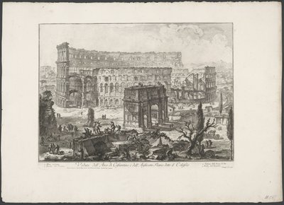 Boog van Constantijn på Colosseum i Roma Utsikt over Konstantinbuen og det flaviske amfiteateret kjent som Colosseum (tittel på objekt) Gezichten op Roma (serietittel) Utsikt over Roma designet og gravert av Giambattista Piranesi-arkitekten Ve (nez) ian av Giovanni Battista Piranesi