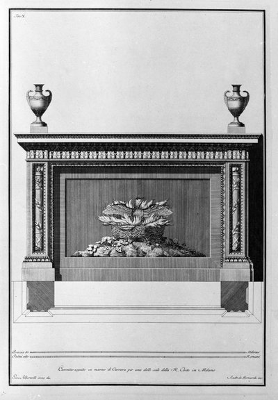 Carrara marmor peisprosjekt for en milanesisk stue. Tegning av Giovanni Piranesi (kjent som Piranese) (1720-1778). av Giovanni Battista Piranesi