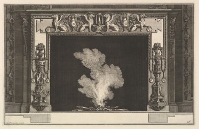 Skorsteinsstykke: Affronterte griffoner på overliggeren og kandelaber på karmene Ch. accomp..., ca. 1769. av Giovanni Battista Piranesi