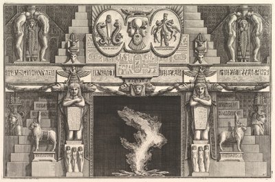 Skorsteinsstykke i egyptisk stil: Grupper på tre kvinnelige nakenbilder ved bunnen av hver j..., ca. 1769. av Giovanni Battista Piranesi
