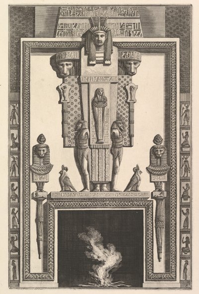 Skorsteinsstykke i egyptisk stil: Mumie lagt på en stor karyatid over linte..., 1769. av Giovanni Battista Piranesi