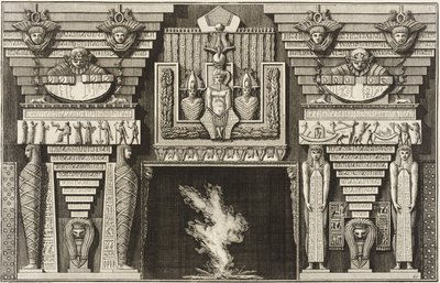 Peis i egyptisk stil: To mumier i profil til venstre og to figurer som bærer obelisker til høyre. av Giovanni Battista Piranesi