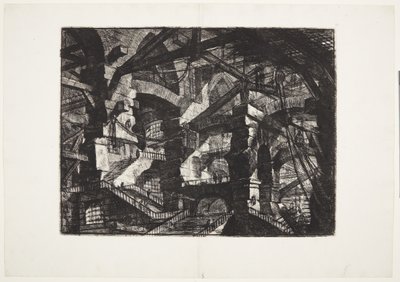Komplekse grupper av sammenhengende ødelagte buer som støtter bjelker og tau av Giovanni Battista Piranesi