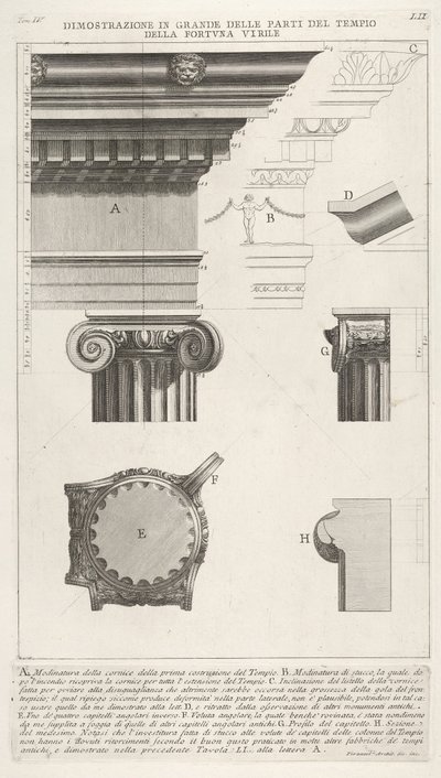 Gesims og søyle fra Temple of Fortuna Virilis Tempio della Fortuna Virile, fra ..., 1756. av Giovanni Battista Piranesi