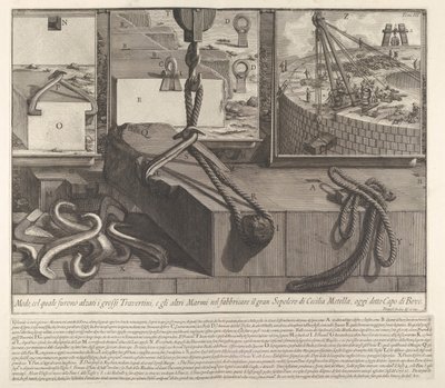 Demonstrationstafel zeigt Technik zum Heben von Travertin- und Marmorblöcken für den Bau..., 1756 von Giovanni Battista Piranesi