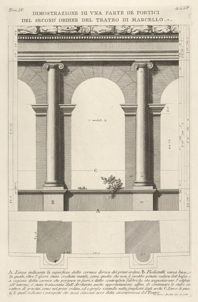 Forhøyning og plan av andreordens portiko ved Theatre of Marcellus Teatro di Marc..., 1756. av Giovanni Battista Piranesi