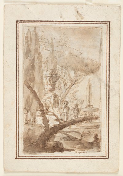 Fantasy om en hage med en monumental urne, skulpturer og en fontene av Giovanni Battista Piranesi