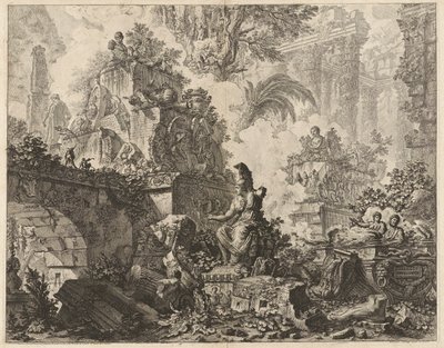Frontispice, Fantasy of Ruins med en statue av Minerva i midten av forgrunnen, fra Vedute di Roma (Utsikt over Roma) av Giovanni-Battista Piranesi