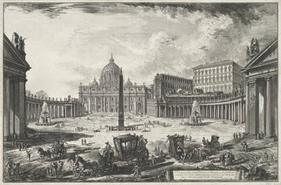 Utsikt over Petersplassen med Peterskirken i Vatikanstaten Veduta della gran Piazza e Basilica di S. Pietr (...) (tittel på objekt) Utsikt over Roma (serietittel) Vedute di Roma disegnate ed incise da Giambattista Piranesi architetto av Giovanni-Battista Piranesi