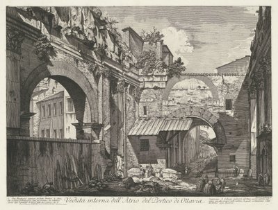 Interieur van de Porticus van Octavia te Roma Innvendig visning av Atrium of Portico of Octavia (tittel på objekt) Gezichten op Roma (serietittel) Utsikt over Roma designet og gravert av Giambattista Piranesi-arkitekten Ve (nez) iano (serietittel) av Giovanni Battista Piranesi