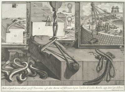 Midler hvorved de store blokkene av travertin og marmor ble løftet..., 1756-57. av Giovanni Battista Piranesi