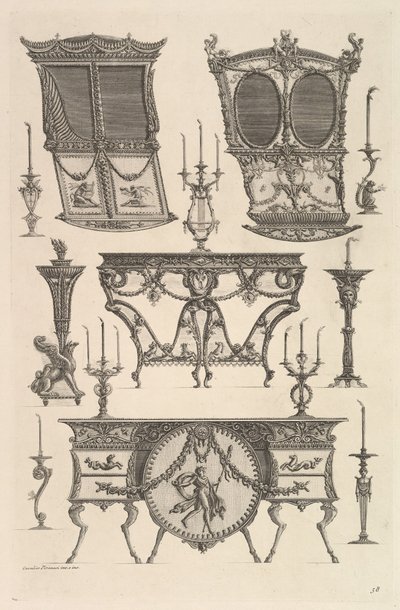 Diverse møbler inkludert to sedanstoler, et sidebord og en commode Deux c..., ca. 1769. av Giovanni Battista Piranesi