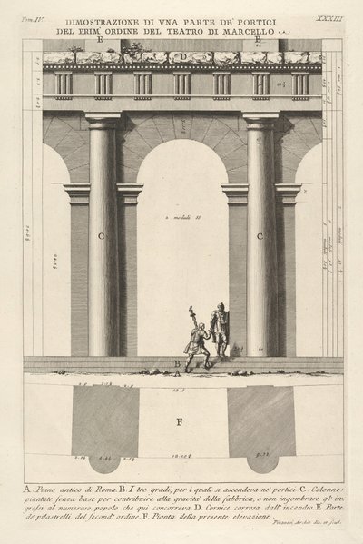 Delvis forhøyning og plan av førsteordens portiko ved Theatre of Marcellus Dimostr..., 1756. av Giovanni Battista Piranesi