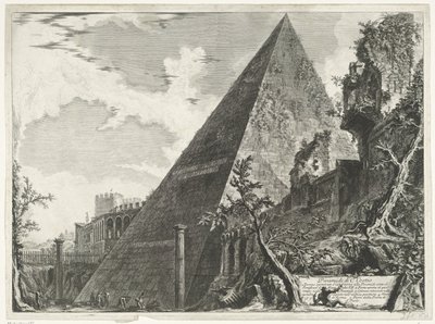 Piramide van Cestius i Roma Pyramide av C. Cestio (tittel på objekt) Gezichten op Roma (serietittel) Utsikt over Roma designet og gravert av Giambattista Piranesi-arkitekten Ve (nez) iano (serietittel) av Giovanni Battista Piranesi