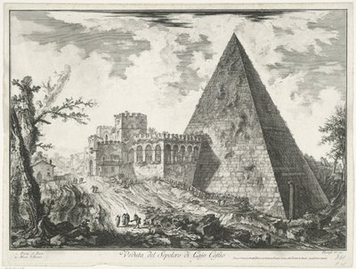 Piramide van Cestius i Roma Utsikt over graven til Cajo Castio (tittel på objekt) Gezichten op Roma (serietittel) Utsikt over Roma designet og gravert av Giambattista Piranesi-arkitekten Ve (nez) iano (serietittel) av Giovanni-Battista Piranesi