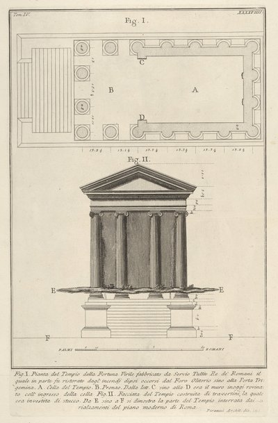 Plan og fasade av Temple of Fortuna Virilis Tempio della Fortuna Virile, fra s..., 1756. av Giovanni Battista Piranesi