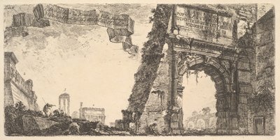 Plate 6: 1. Titusbue. 2. Villa Farnese. 3. Søyler av Jupiter-tempelet Stato..., ca. 1748. av Giovanni Battista Piranesi