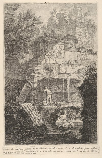 Tafel 6: Ruinen eines antiken Grabes vor Ruinen eines antiken Aquädukts, über dem Bogen, 1743 von Giovanni Battista Piranesi