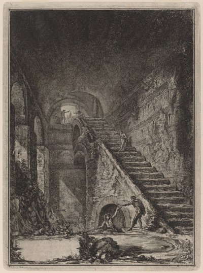 Perspektiv av trappen til vannbeskyttelsen til de nevnte husene, nevnt i plan i plate XIII med lett. G. av Giovanni Battista Piranesi