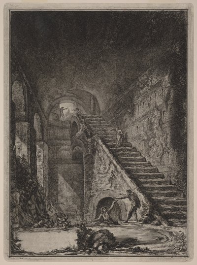 Perspektiv av trappen til vannreservoaret ved de allerede nevnte boligene, angitt på planen i tavle XIII med bokstaven G. av Giovanni Battista Piranesi