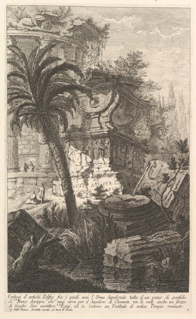 Rester av gamle bygningsverk, blant annet står gravurnen til Marcus Agrippa ma..., ca. 1750. av Giovanni Battista Piranesi