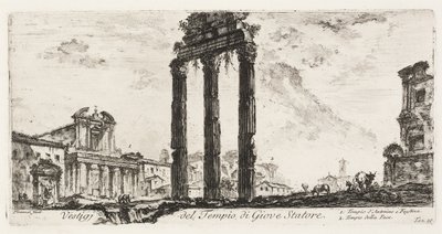 Ruinene av Temple of Jupiter Stator [Jupiter the Supporter]. 1. Antoninus og Faustinas tempel. 2. Fredens tempel, plate 10 fra noen utsikter over triumfbuer og andre monumenter av Giovanni Battista Piranesi